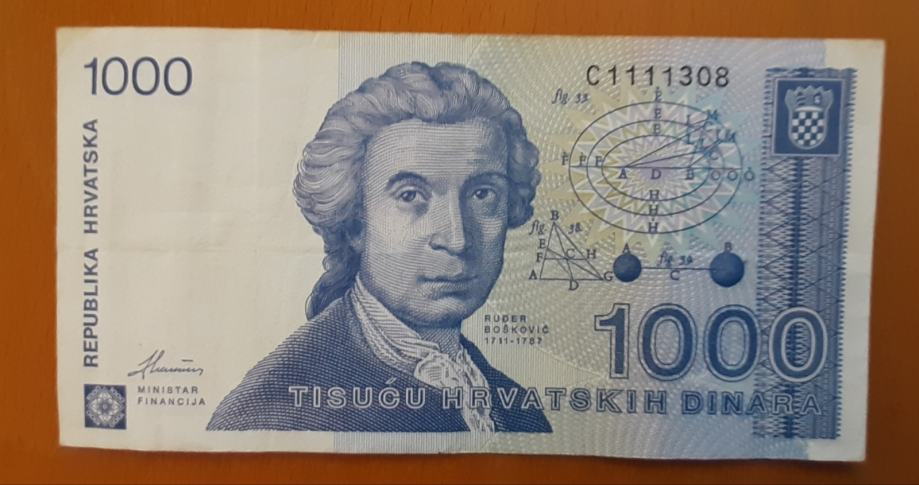 HRVAŠKA 1000 dinara 1991 serija C rabljen bankovec