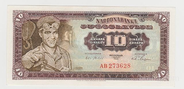 Jugoslavija 10 dinarjev 1965 velike številke a-UNC