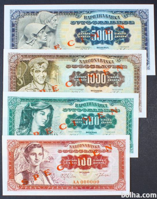 Jugoslavija 100, 500, 1000, 5000 dinarjev 1963 - SPECIMEN