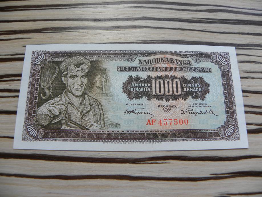 Jugoslavija 1000 dinarjev 1955 - brez 2 - UNC