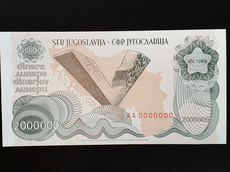 Jugoslavija 1989, 2000000 dinara, Spomeniki (P-100)  AA0000000, UNC
