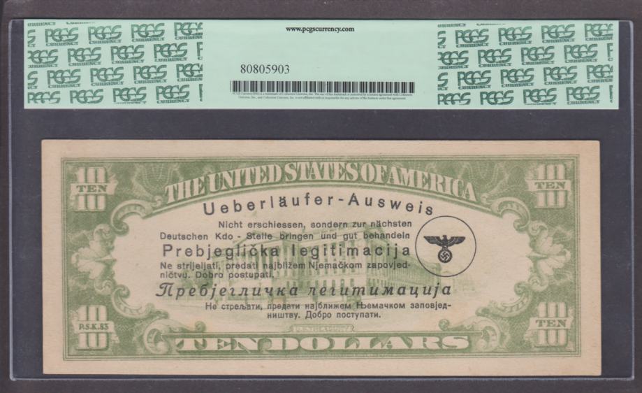 Prebjeglička legitimacija 10 Dollars 1943 - redek propagandni bankovec