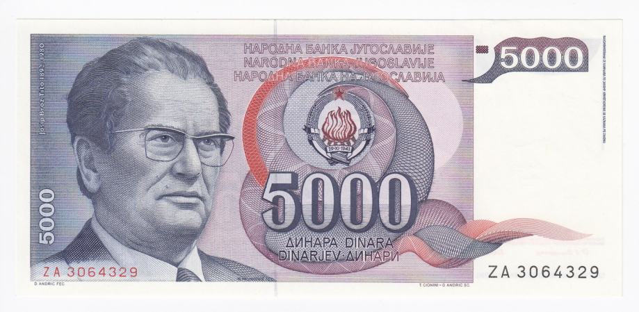 SFR Jugoslavija 5000 DIN 1985 UNC ZA