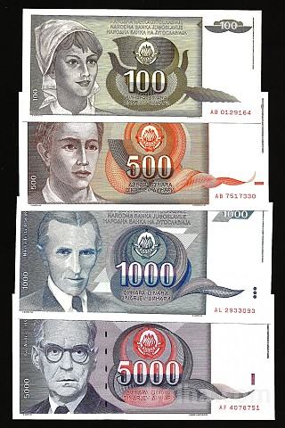 SFRJ, letnik 1991:  100, 500, 1000 in 5000 dinarjev 1991, vsi UNC