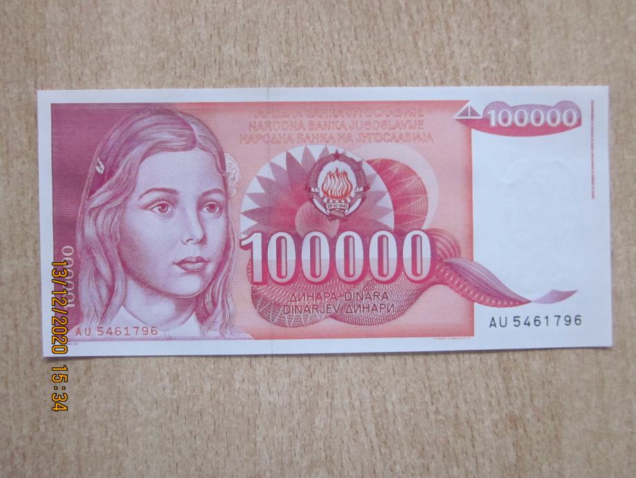 Yu bankovec 100000 din 1989