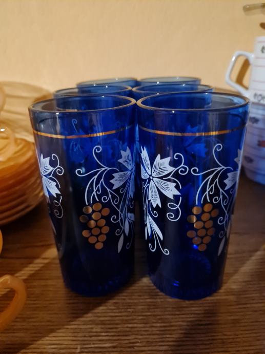 Komplet šestih vintage kozarcev za sok, modra barva stekla