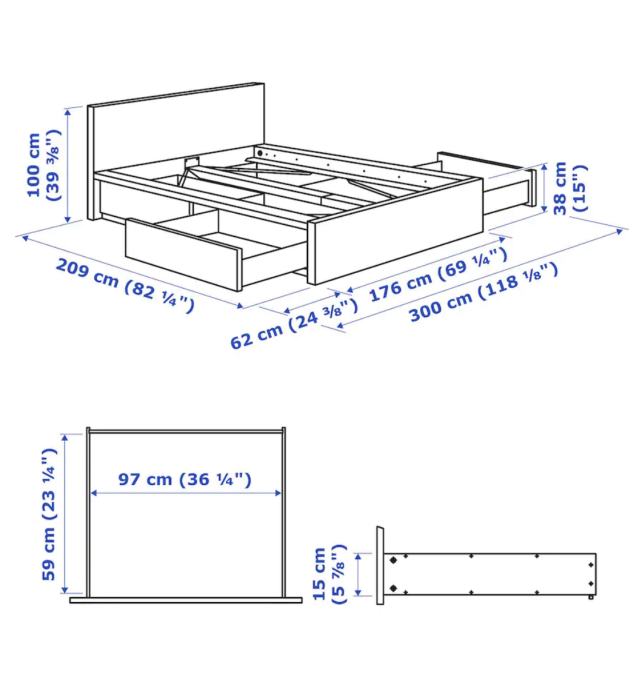 Malm posteljni okvir, 2x letvice 2x predal 160x200