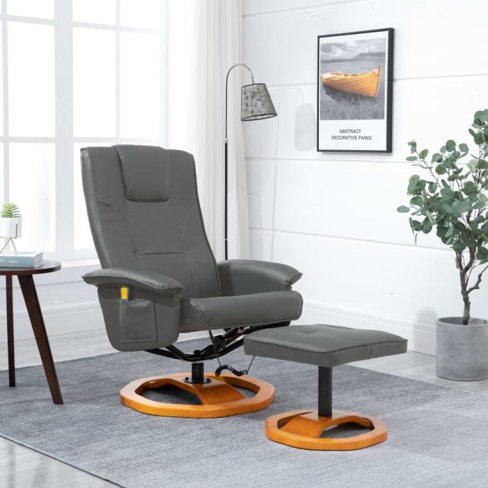 vidaXL Masažni stol s stolčkom za noge sivo umetno usnje