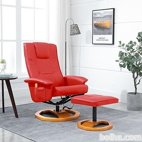 vidaXL Masažni stol s stolčkom za noge umetno usnje rdeč