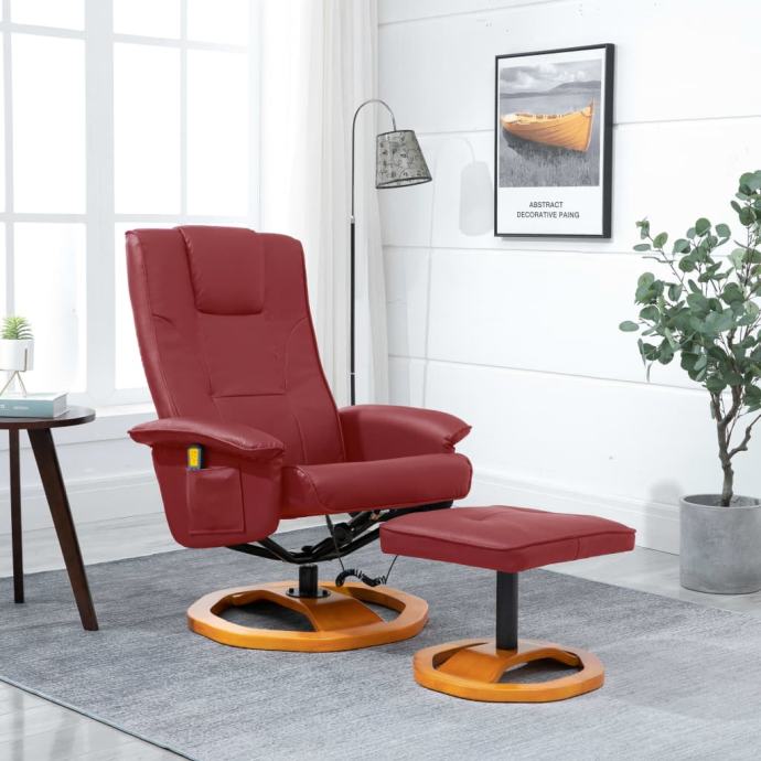 vidaXL Masažni stol s stolčkom za noge vinsko rdeče umetno usnje