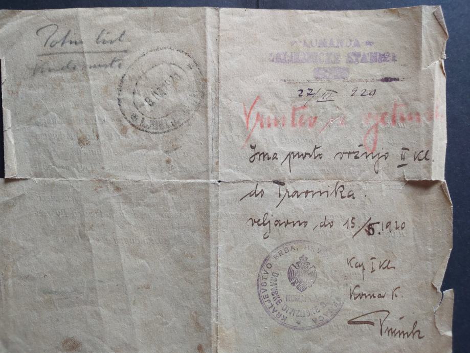 Objava/prepustnica/potni list 1920