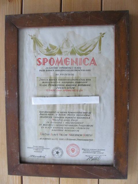 SPOMENICA-SUBNOR FNRJ-Beograd 29.11.1950.