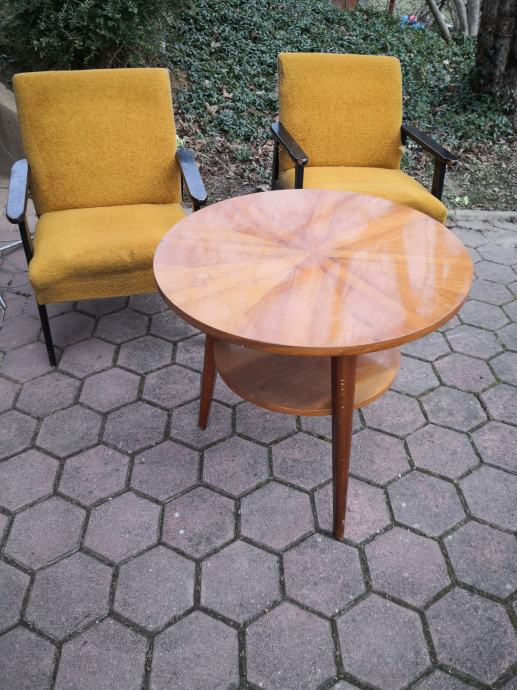 Retro okrogla mizica z intarzija,lesena miza,vintage miza 70 cm,v 66cm