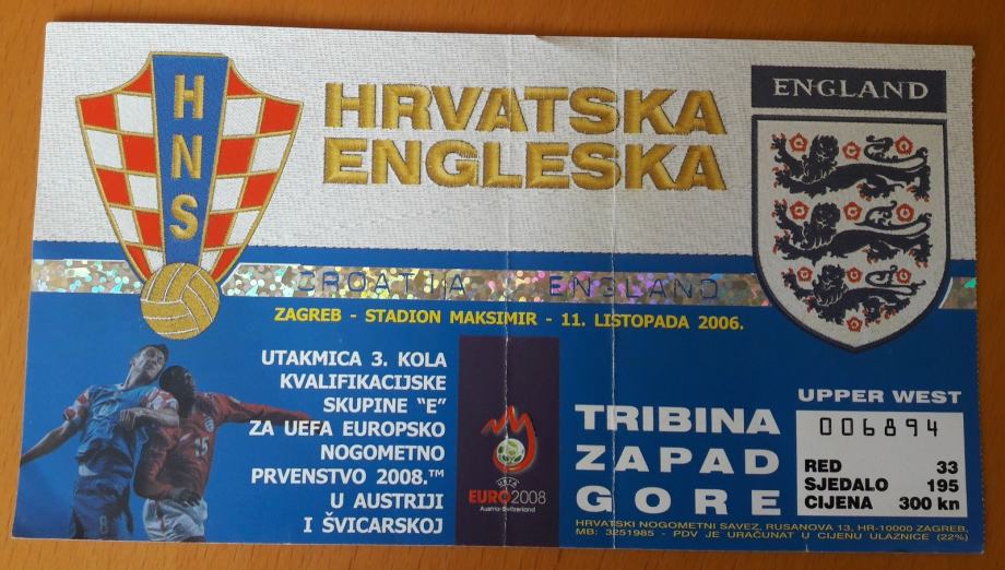 Nogometna vstopnica Hrvaška : Anglija 11.10.2006 kvalif. EURO 2008