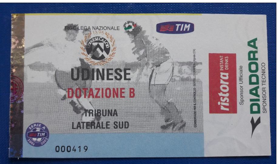 Nogometna vstopnica Serie A 2001/2002 Udinese Stadion Friuli