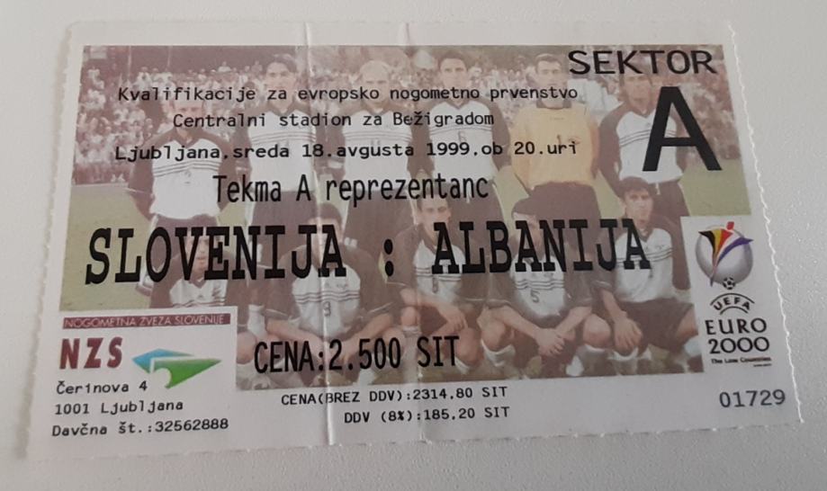 Nogometna vstopnica Slovenija : Albanija 18.8.1999 EURO 2000