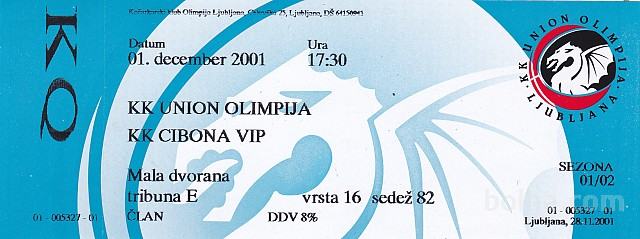 Rabljena vstopnica košarka Union Olimpija : Cibona 1.12.2001