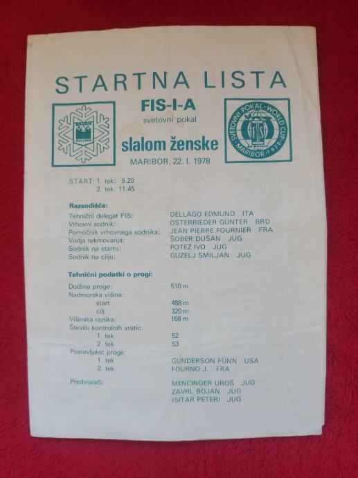 Zlata lisica, Maribor 1978, alpsko smučanje, svetovni pokal, lista