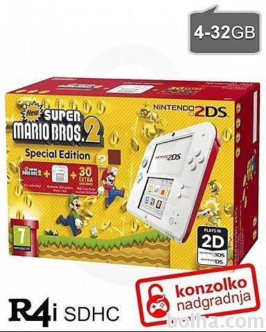 Nintendo 2DS rdečo-bel + Super Mario Bros 2 + R4i SDHC 2019 PRO v4 ...