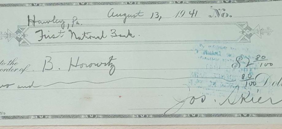First national bank ček 1941
