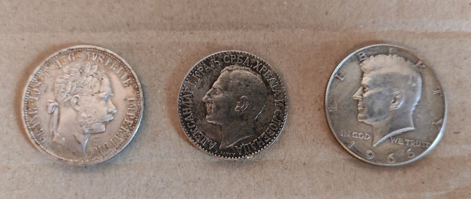 3x srebrniki, 1 florin 1879, 2 dinara s strelo 1925, pol dolarja 1966