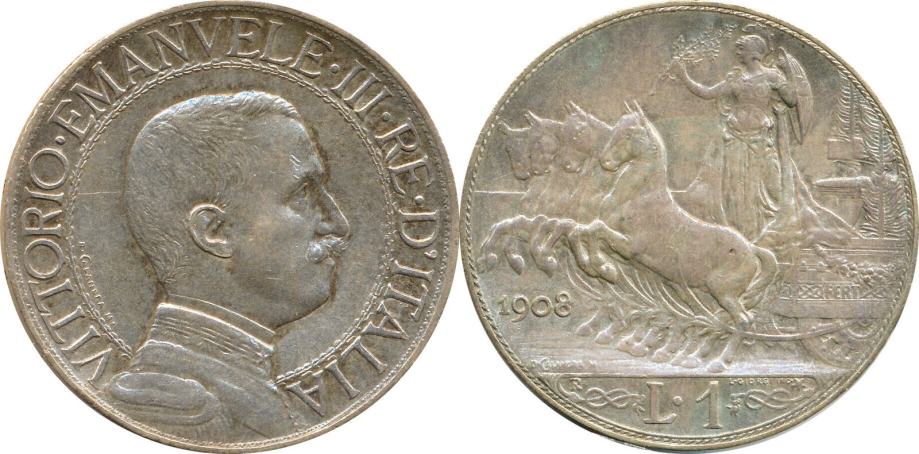 Italija 1 Lira 1908 Vittorio Emanuele III  srebrnik UNC