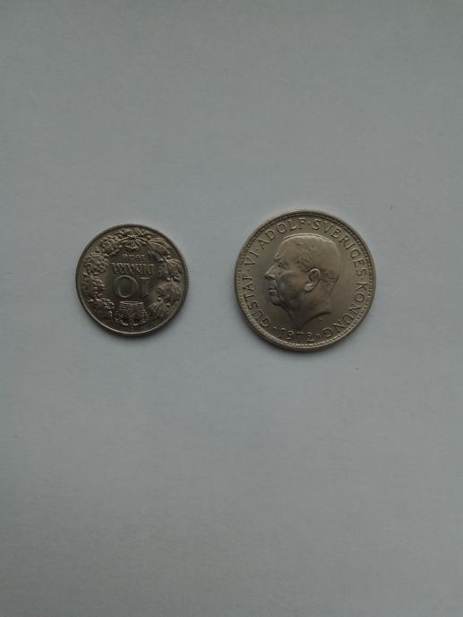 Prodam 2 kovanca  10 din 1938 in 5 kron Švedska 1972