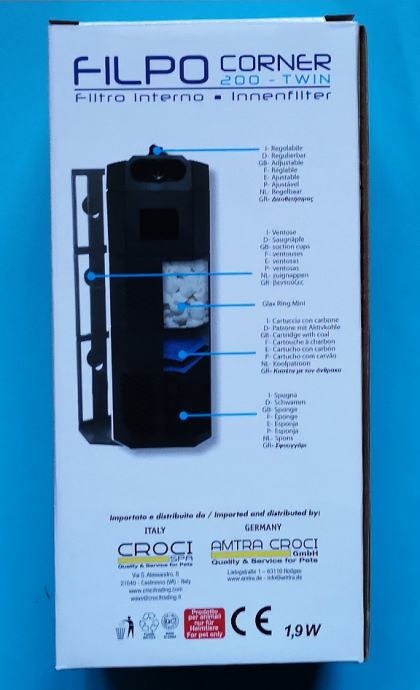 Notranji akvarijski filter (kotni) FILPO CORNER 200 TWIN, nov, 200 l/h
