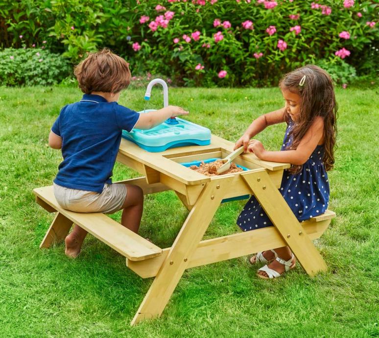Lesena igralna miza z umivalnikom in peskovnikom - 89 x 94 x 81 cm