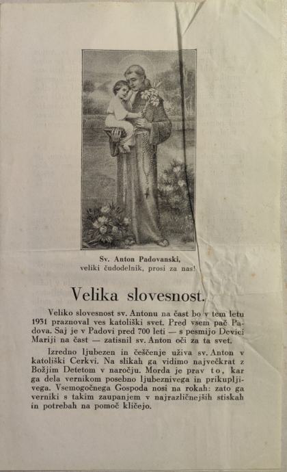 Velika slovesnost, Sv. Anton Padovanski, 1931
