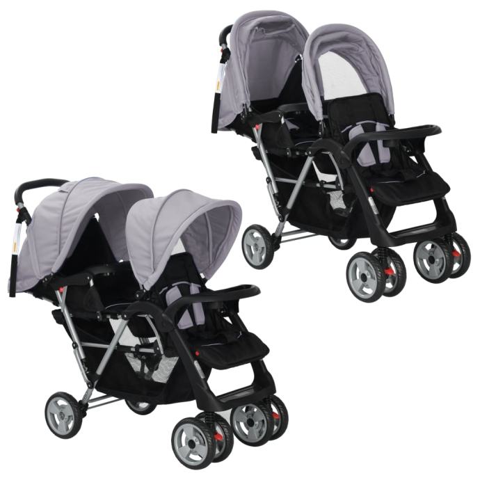 Dvojni otroški voziček jeklen sive in črne barve