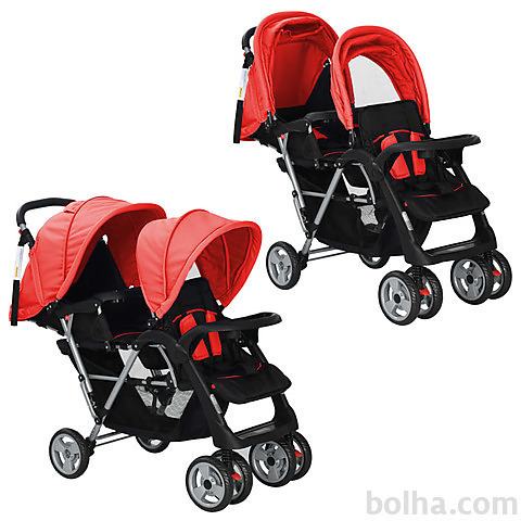 vidaXL Dvojni otroški voziček jeklen rdeče in črne barve