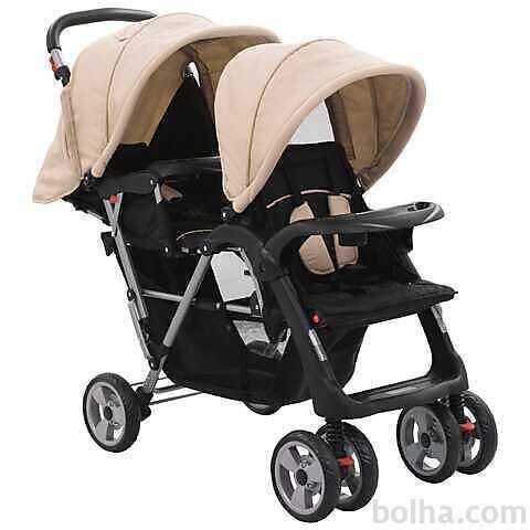 vidaXL Dvojni otroški voziček jeklen taupe in črn