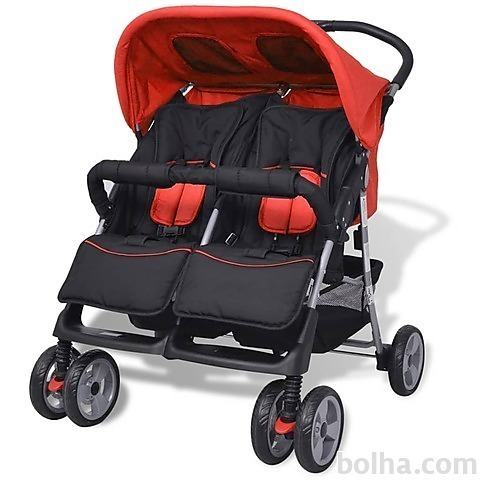 vidaXL Dvojni otroški voziček jeklo rdeč in črn