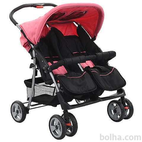vidaXL Dvojni otroški voziček jeklen roza in črn