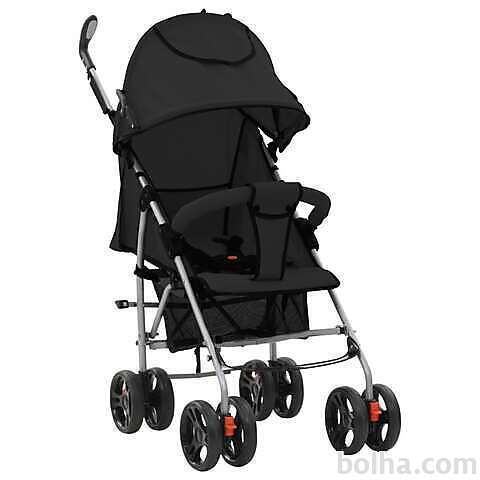vidaXL Zložljiv otroški voziček 2 v 1 črn jeklen