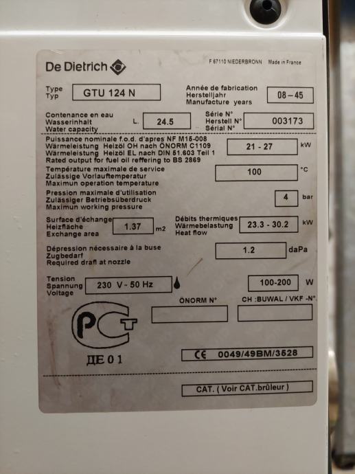 De Dietrich GTU 124 N peč na olje s gorilcem — free download