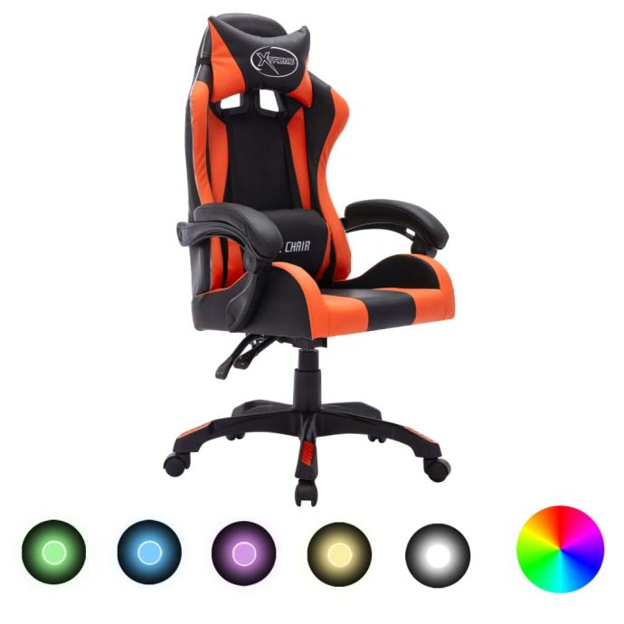 vidaXL Racing stol z RGB LED lučkami oranžno in črno umetno usnje
