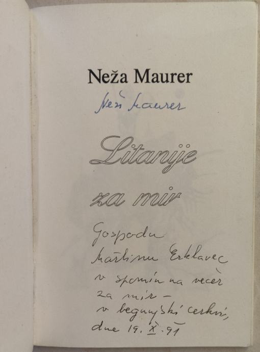 Litanije za mir / Neža Maurer, pesmi, podpis in posvetilo, 1991