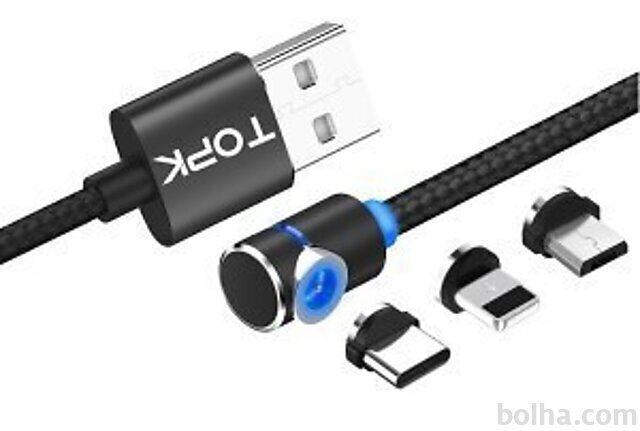 Magnetni kabel USB + micro USB, USB C in 8 pin, 90°priklop + 360°...