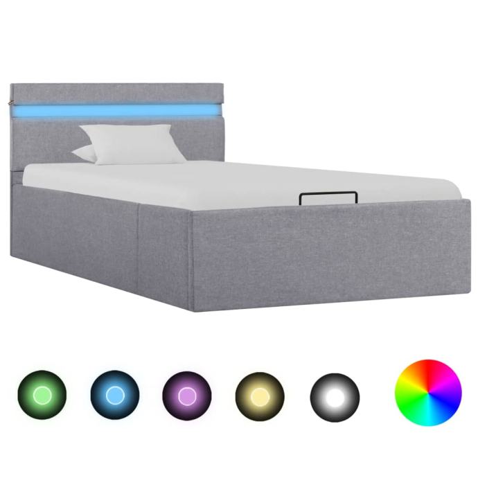 vidaXL Dvižni posteljni okvir LED svetlo sivo blago 100x200 cm
