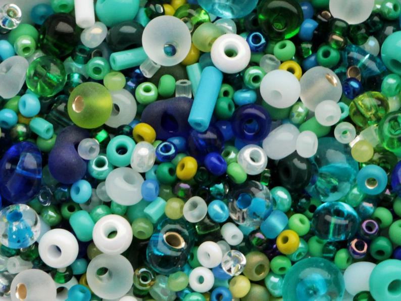 Steklene perle / kroglice za izdelavo nakita, zelene / modre, 15g