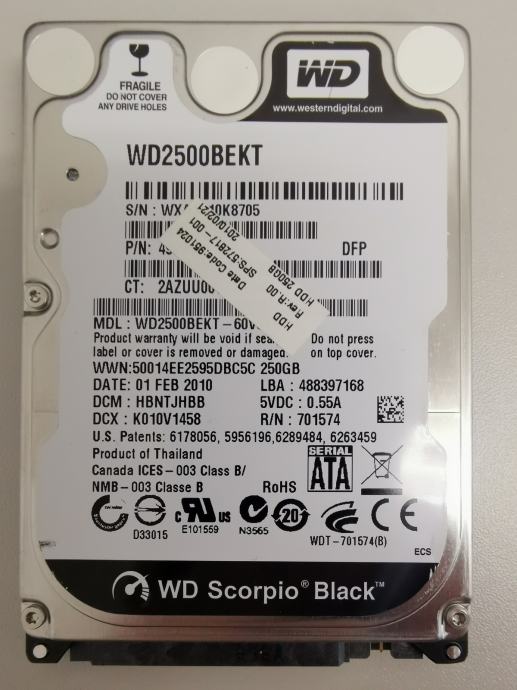 trdi disk HDD Western Digital WD2500BEKT 250 GB