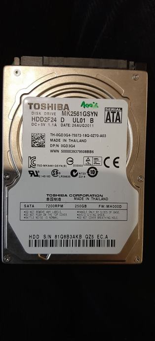 250GB Sata III hdd Toshiba mk2561gsyn 2.5 – za prenosnik
