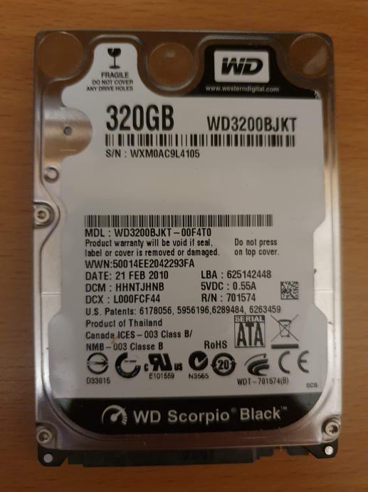 Prodam disk 2,5'' 320 Gb za prenosnike WD scorpio BLACK WD3200BJKT