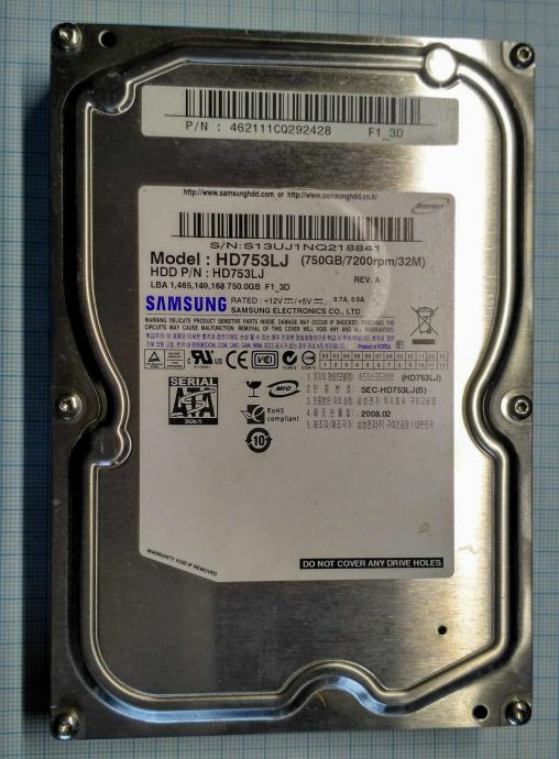 Trdi disk HDD Samsung, 750GB, SATA 2, 7200obr., 3,5