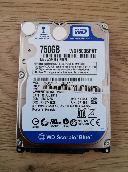 WD Scorpio Blue WD7500BPVT 2.5" Hard disk