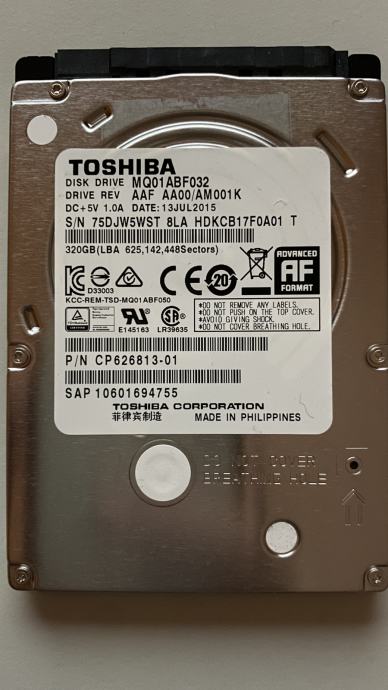 Disk Toshiba 2.5'' MQ01ABF032 / 320GB / SATA 3 / 8MB / 5400RPM