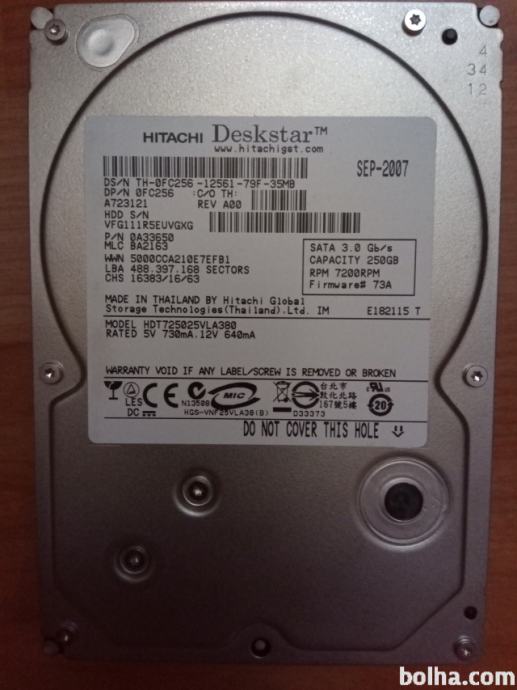 Hitachi Deskstar 250GB, SATA 3, RPM 7200