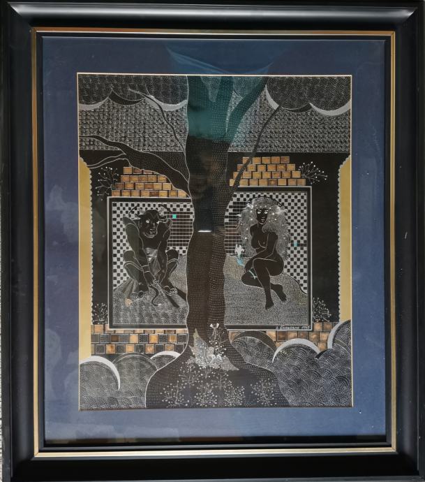 Bik in devica, slika, S. ŠKOBRNE, 1977, 77 x 87 cm
